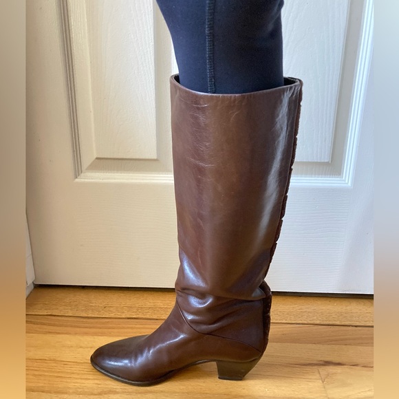 Italian leather boots mid calf slouchy brown soft leather block heel almond toe - Picture 4 of 14